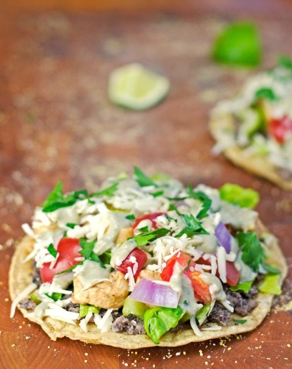 Chicken and Black Bean Tostadas with Avocado Cream Sauce - 2teaspoons